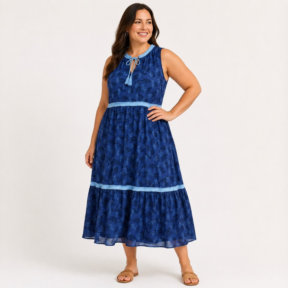 Disney Dress Womens XL Blue Excellent Trader Sams Tiki Mug Tropical Midi Tiered